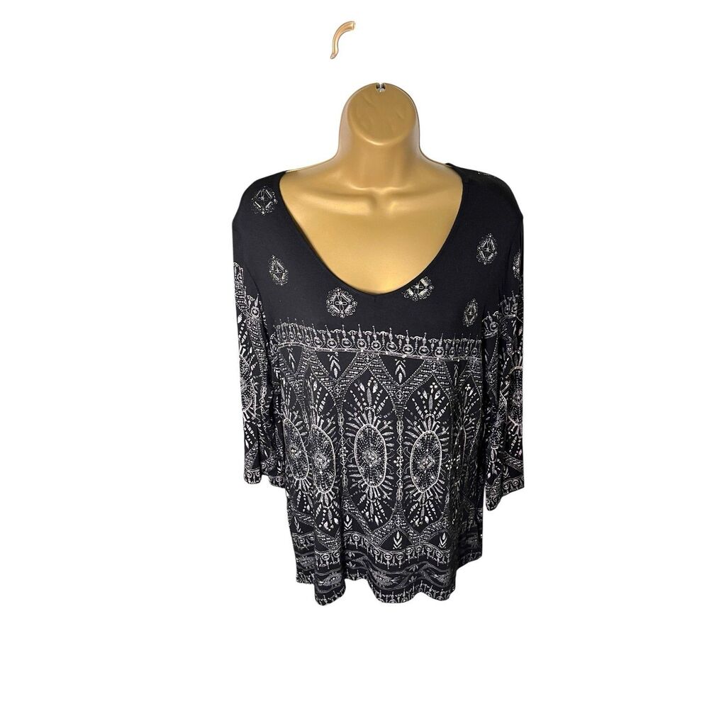 Y2K Nurture Boho Tunic Top Rhinestone Printed Stretch Black White XL